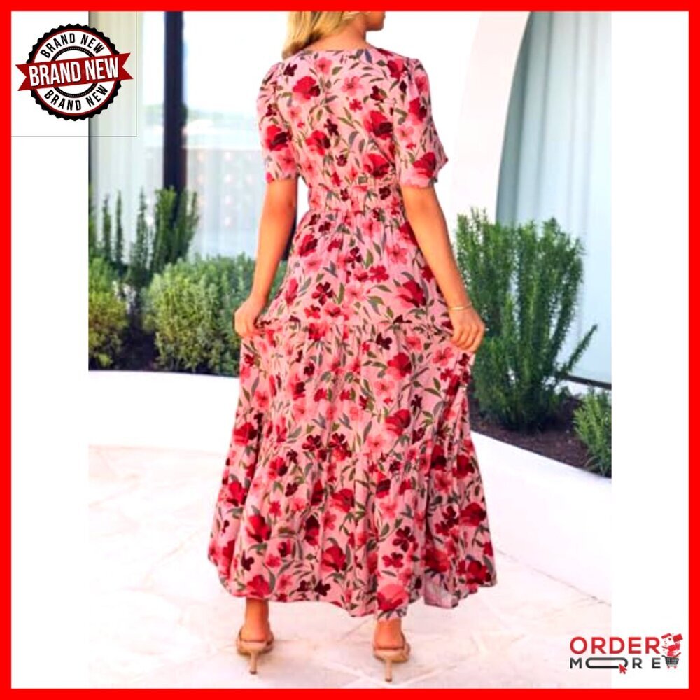 Floral Boho Maxi Dress V-Neck Short Sleeve A-Line Casual Beach Vacation - Picture 3 of 7